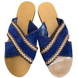Vince Camuto Blue Criss Cross Leather Beaded Slip - On Flat Sandals - 9M/40